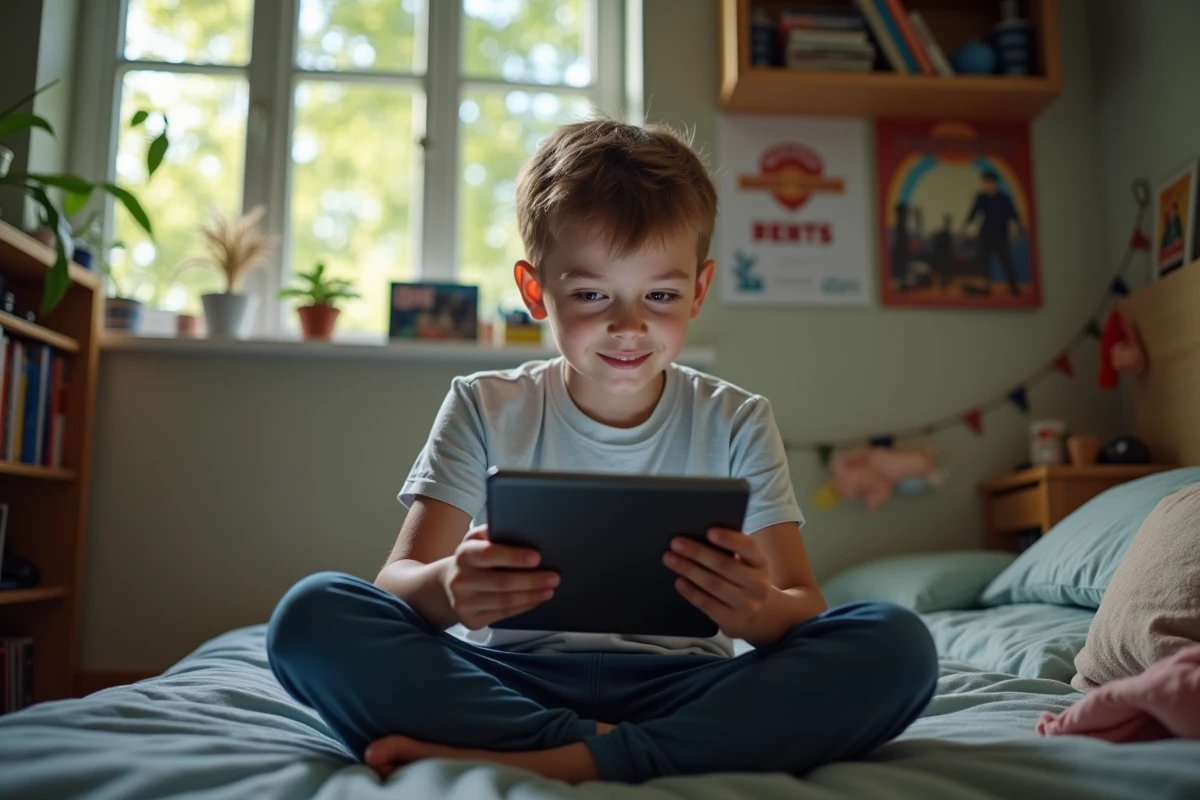 Adolescent regardant une tablette dans sa chambre