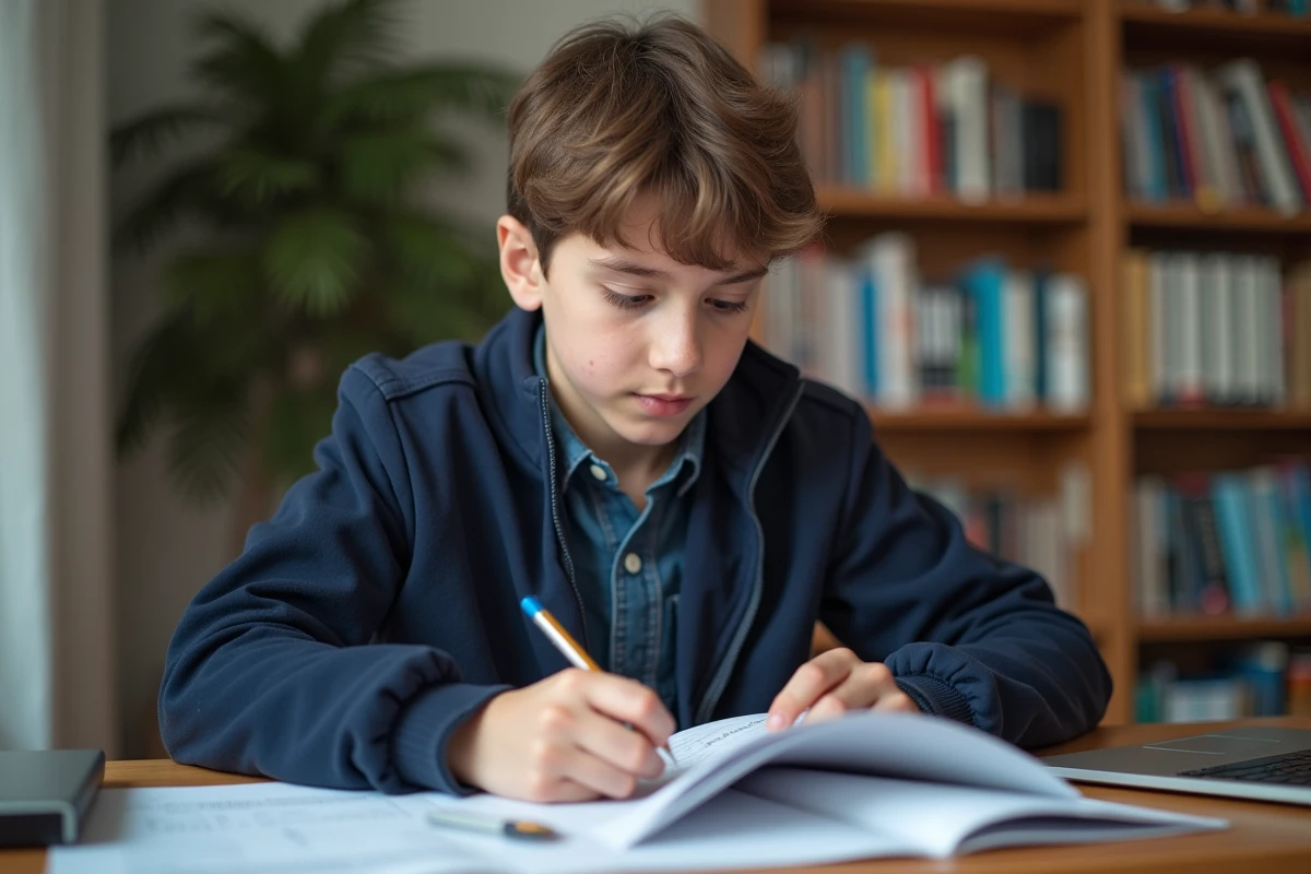 Adolescent qui révise pour le BSR à son bureau avec un livret de code de la route et un ordinateur portable