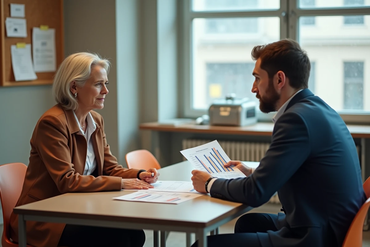 Deux agents de catégorie C de la fonction publique discutant de l'évolution de leur salaire en 2026 autour d'une table dans une salle de pause administrative