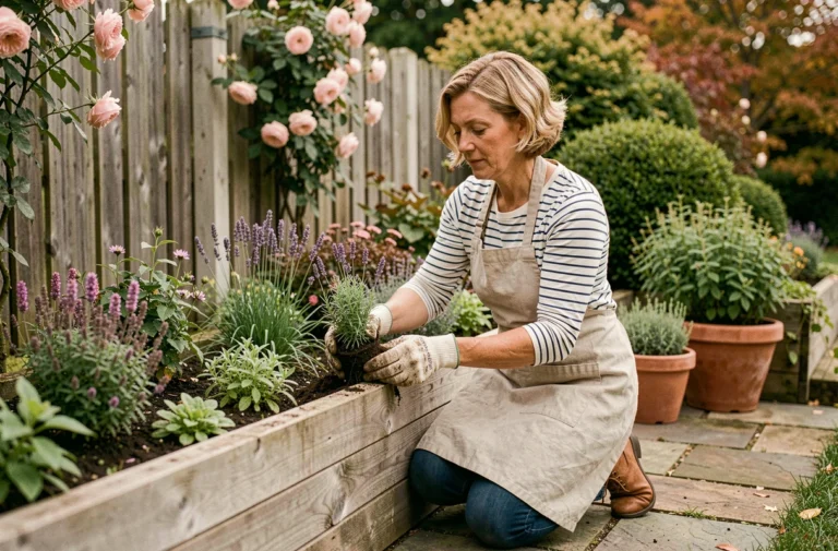 Femme aménageant un jardin en toutes saisons avec des plantes aromatiques et des vivaces dans un potager surélevé en bois