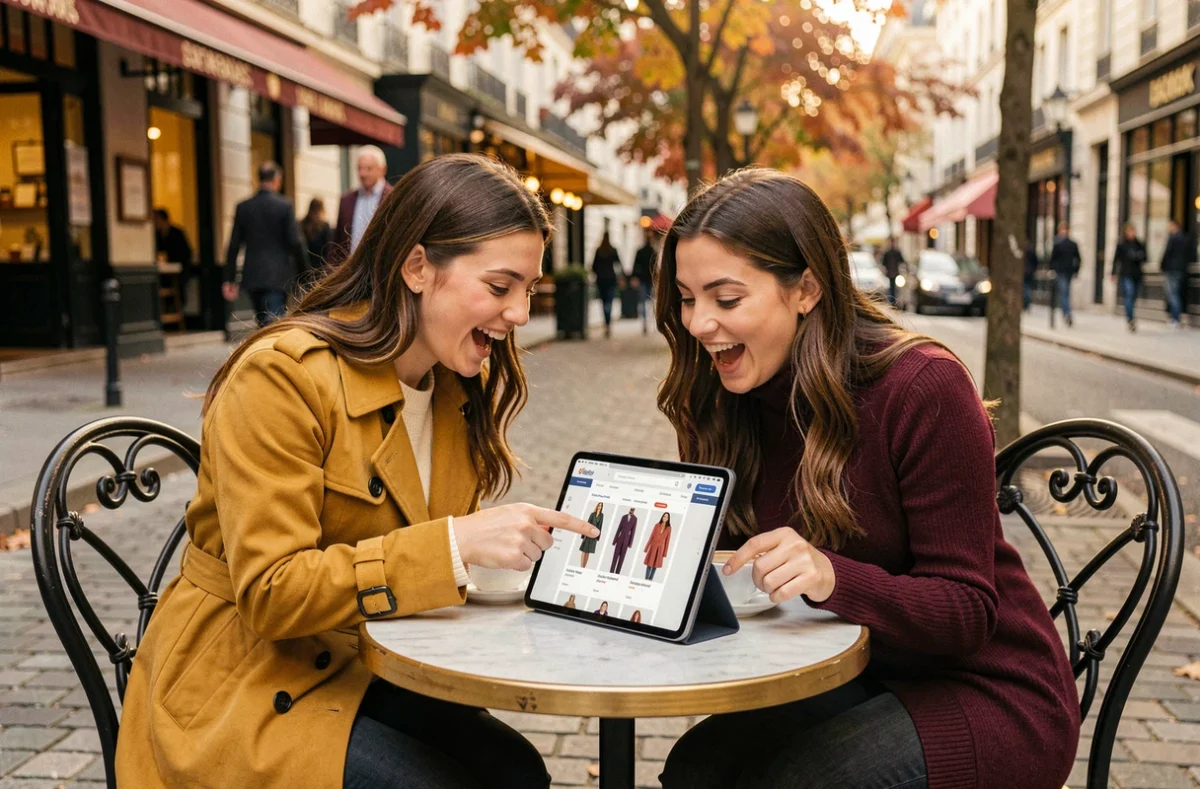 Deux amies consultant un site de mode sur tablette en terrasse de café pour leurs achats tendance de saison