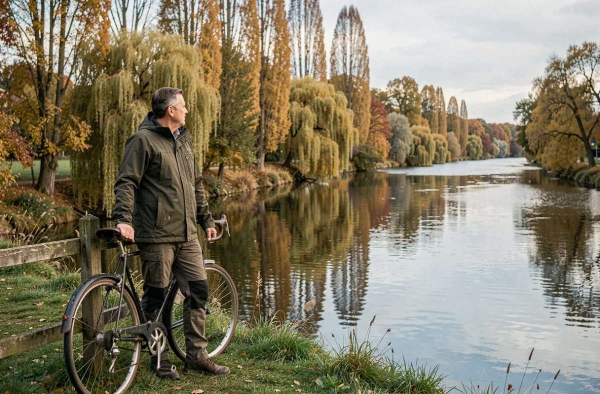 Homme à vélo au bord de la rivière Iton à Évreux, paysage normand aux couleurs d'automne