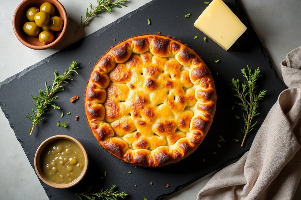 Vue de dessus d'un cake aux lardons et gruyère entier sur une ardoise, entouré de cornichons, thym frais et fromage gruyère