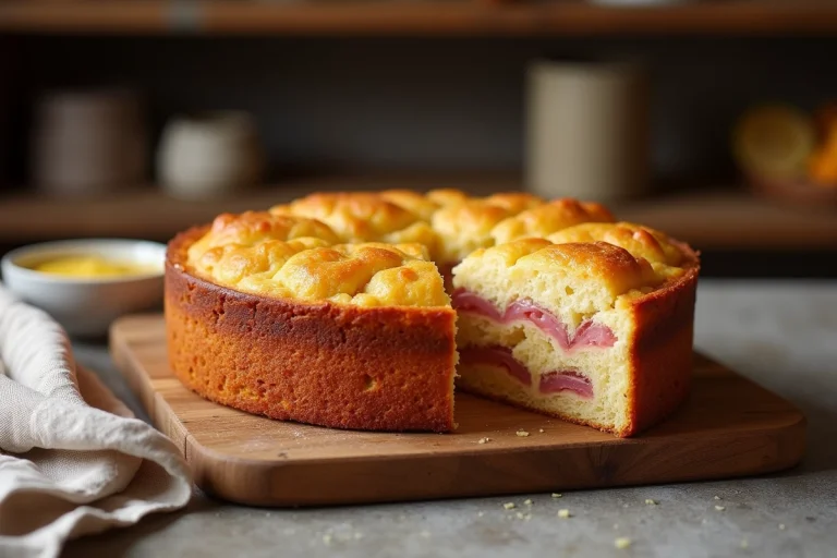 Cake aux lardons et gruyère moelleux tranché sur une planche en bois rustique, révélant un intérieur doré et fondant