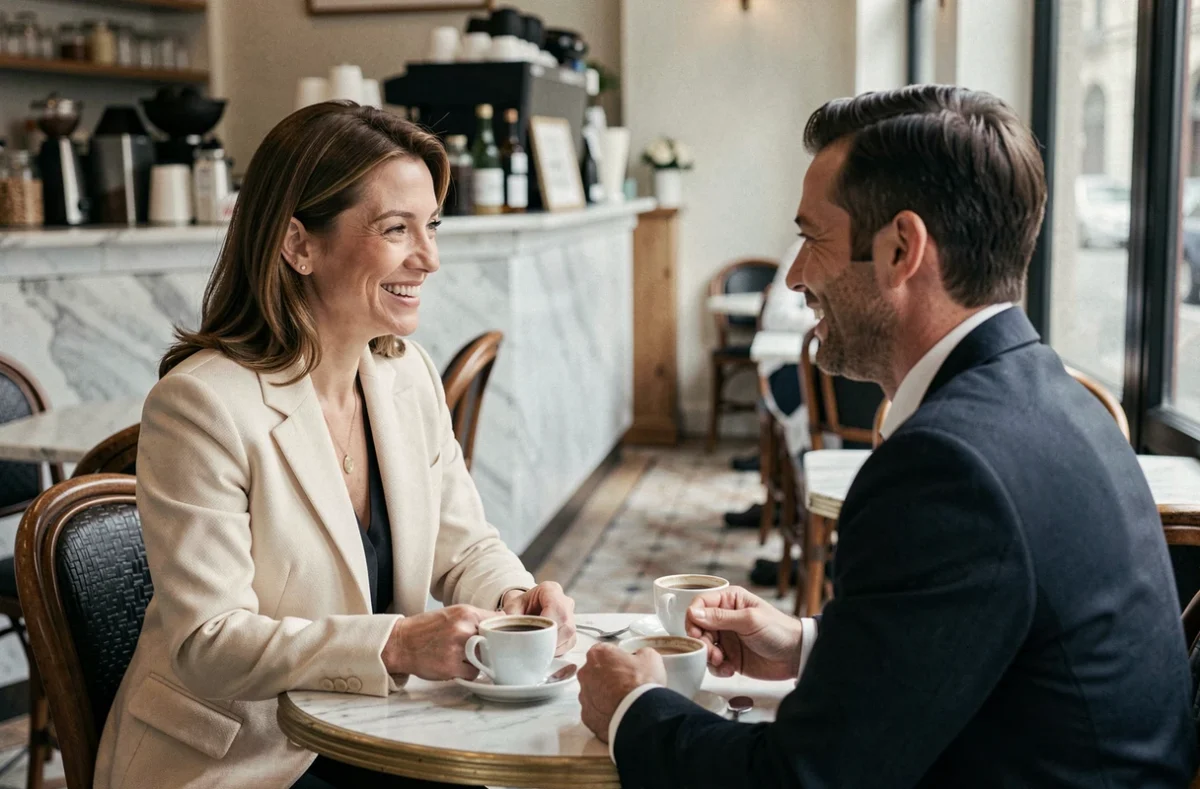 Femme journaliste et homme discutant dans un café parisien, scène de couple dans une ambiance authentique française