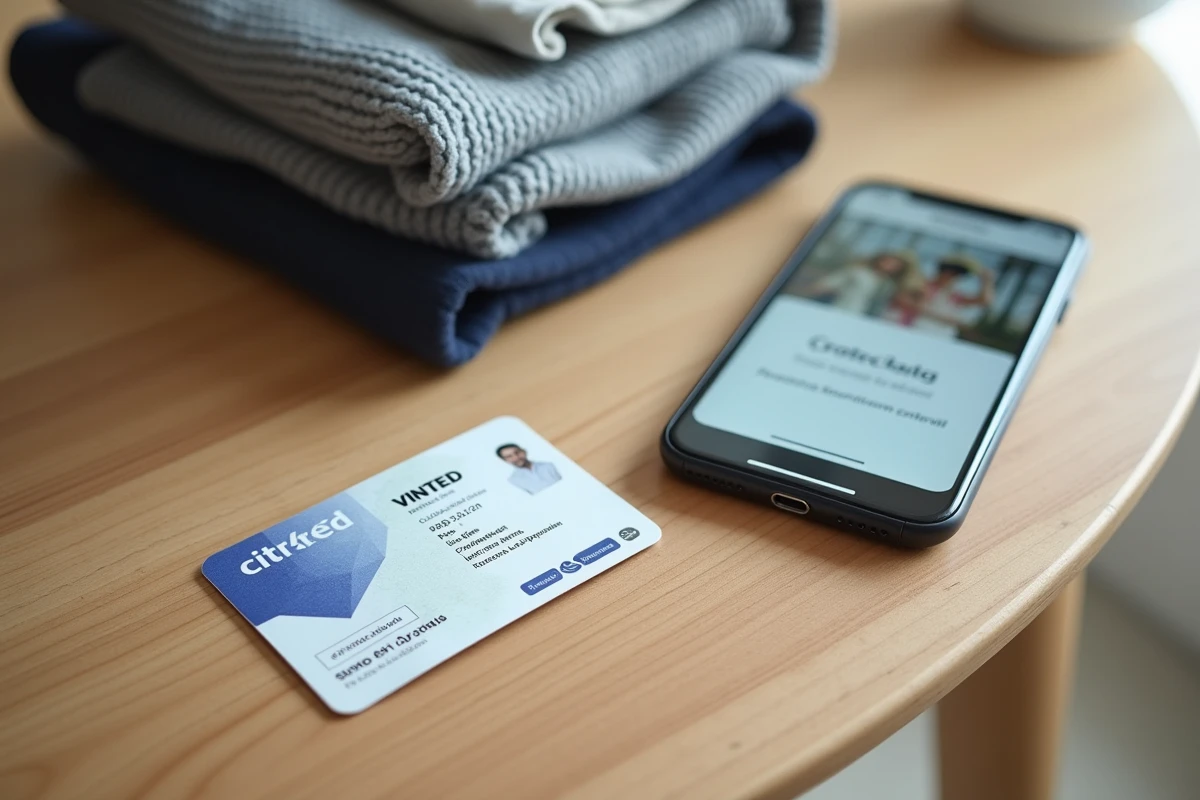 Carte d'identité française posée à côté d'un smartphone affichant la vérification de compte Vinted