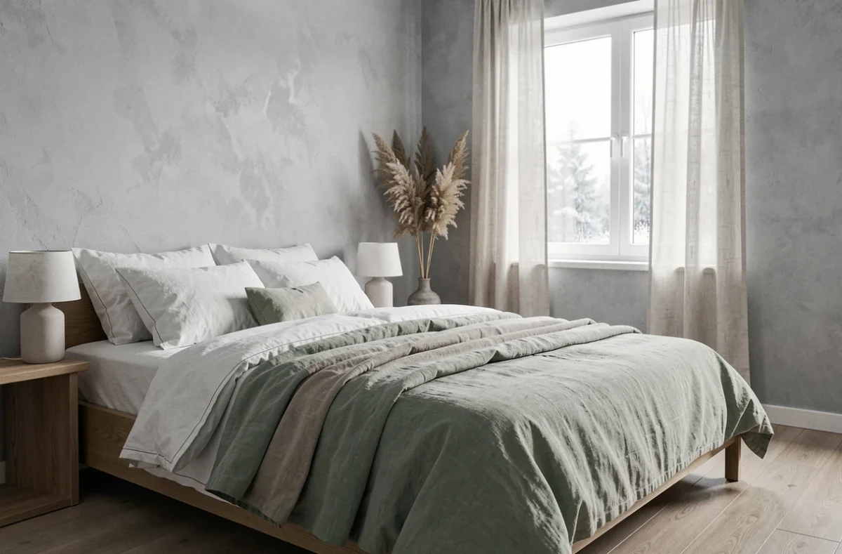 Chambre cocooning style scandinave avec literie en lin sage, cadre de lit en chêne et herbe de la pampa dans un décor épuré