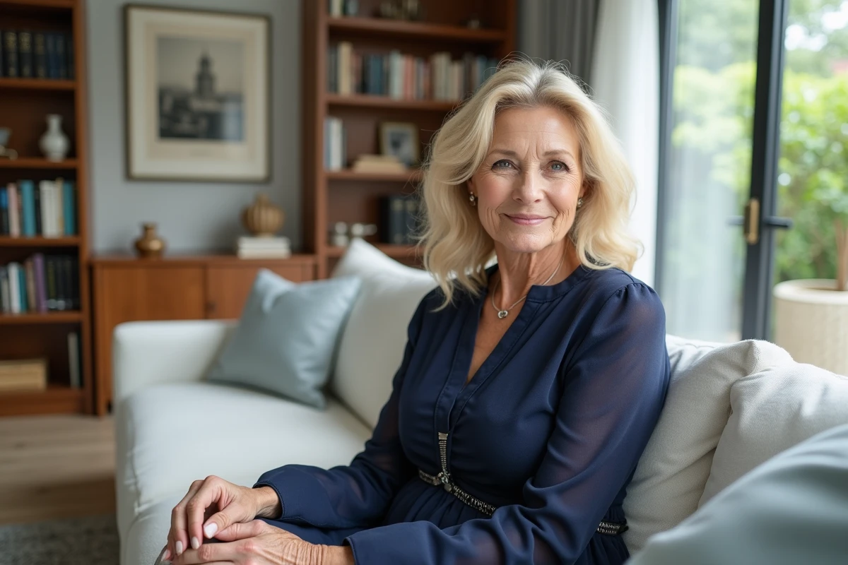 Charlene Tilton assise dans un salon moderne en 2025, portrait intimiste d'une actrice américaine emblématique