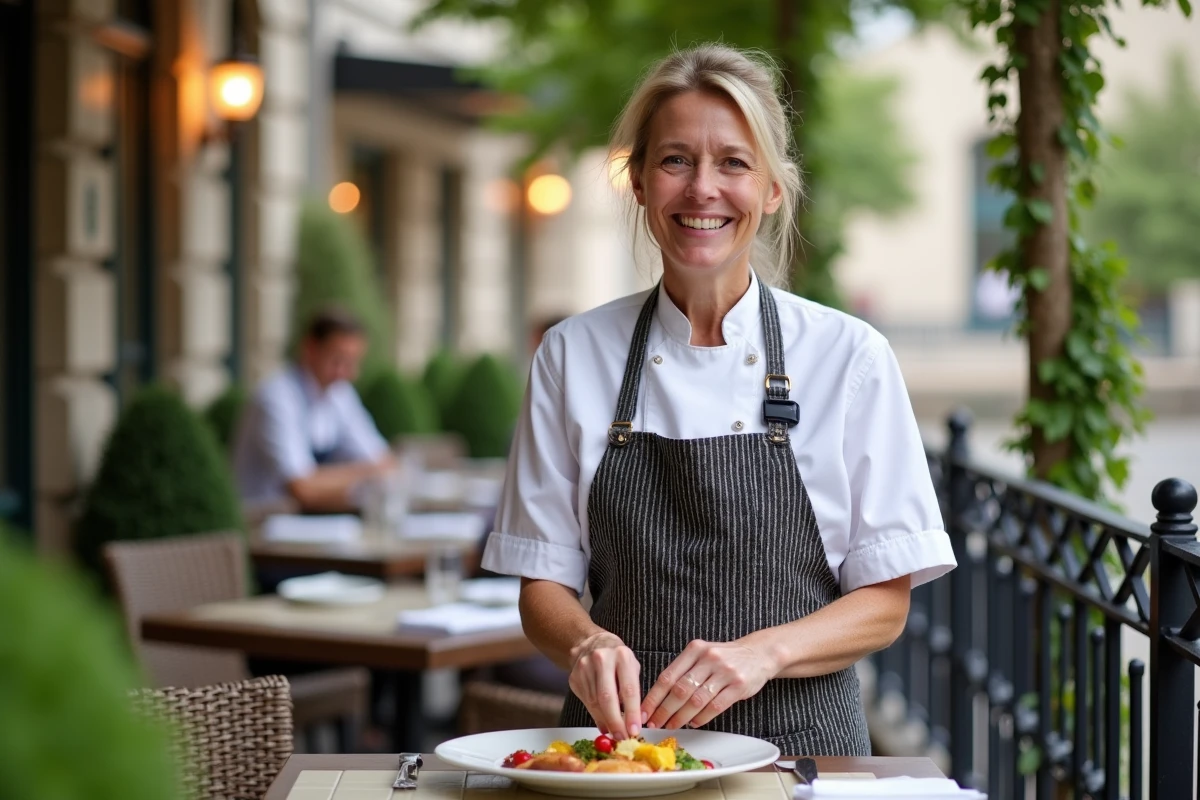Chef normande souriante sur une terrasse à Évreux