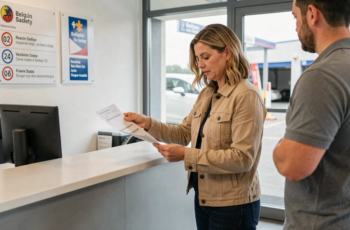 Cliente recevant les résultats de son contrôle technique dans un centre d'inspection en Belgique