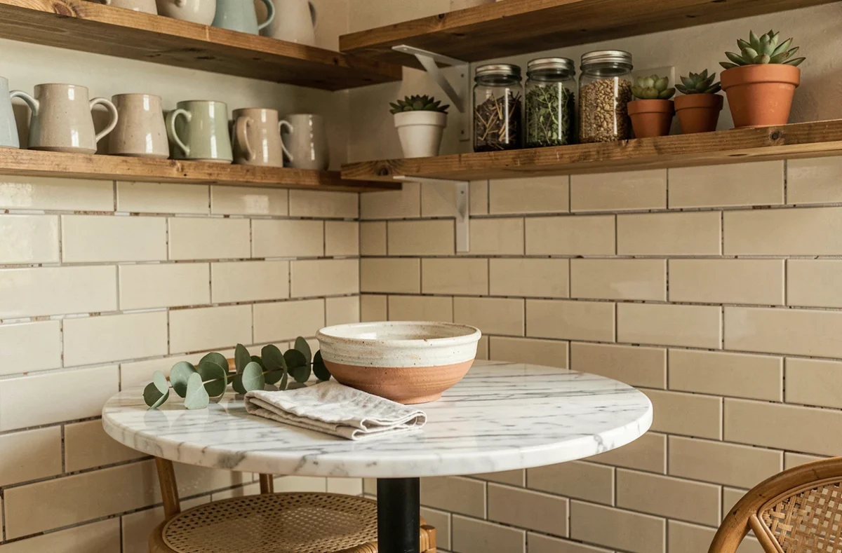 Petit coin cuisine cocooning avec table en marbre, étagères en bois ouvertes et céramiques artisanales dans une ambiance chaleureuse et intimiste