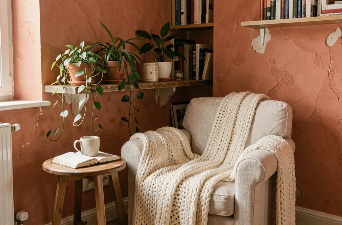 Coin lecture cosy avec fauteuil en lin, plaid en laine chunky et plantes d'intérieur dans un salon chaleureux aux murs terracotta