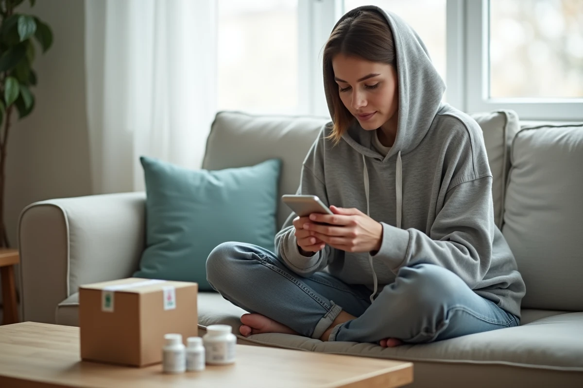 Jeune femme vérifiant sa commande de médicaments reçue d'une pharmacie en ligne depuis son canapé