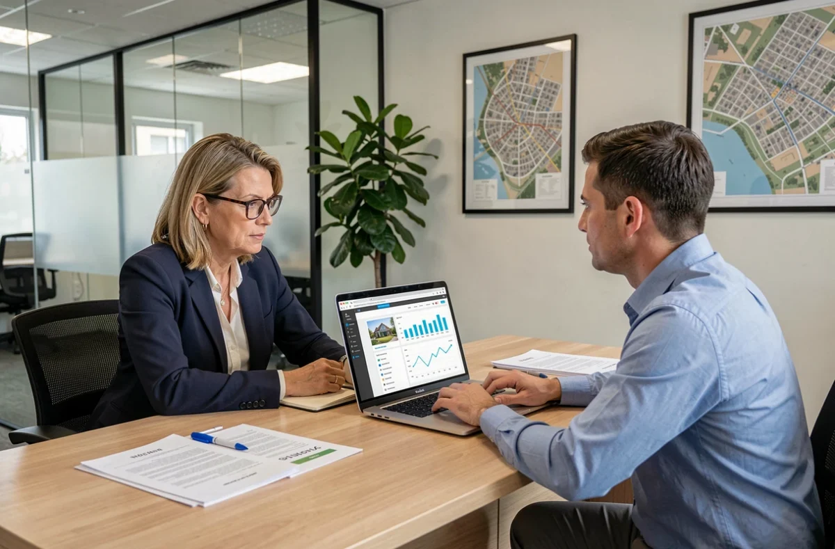 Femme et conseiller immobilier en réunion de consultation dans une agence immobilière moderne