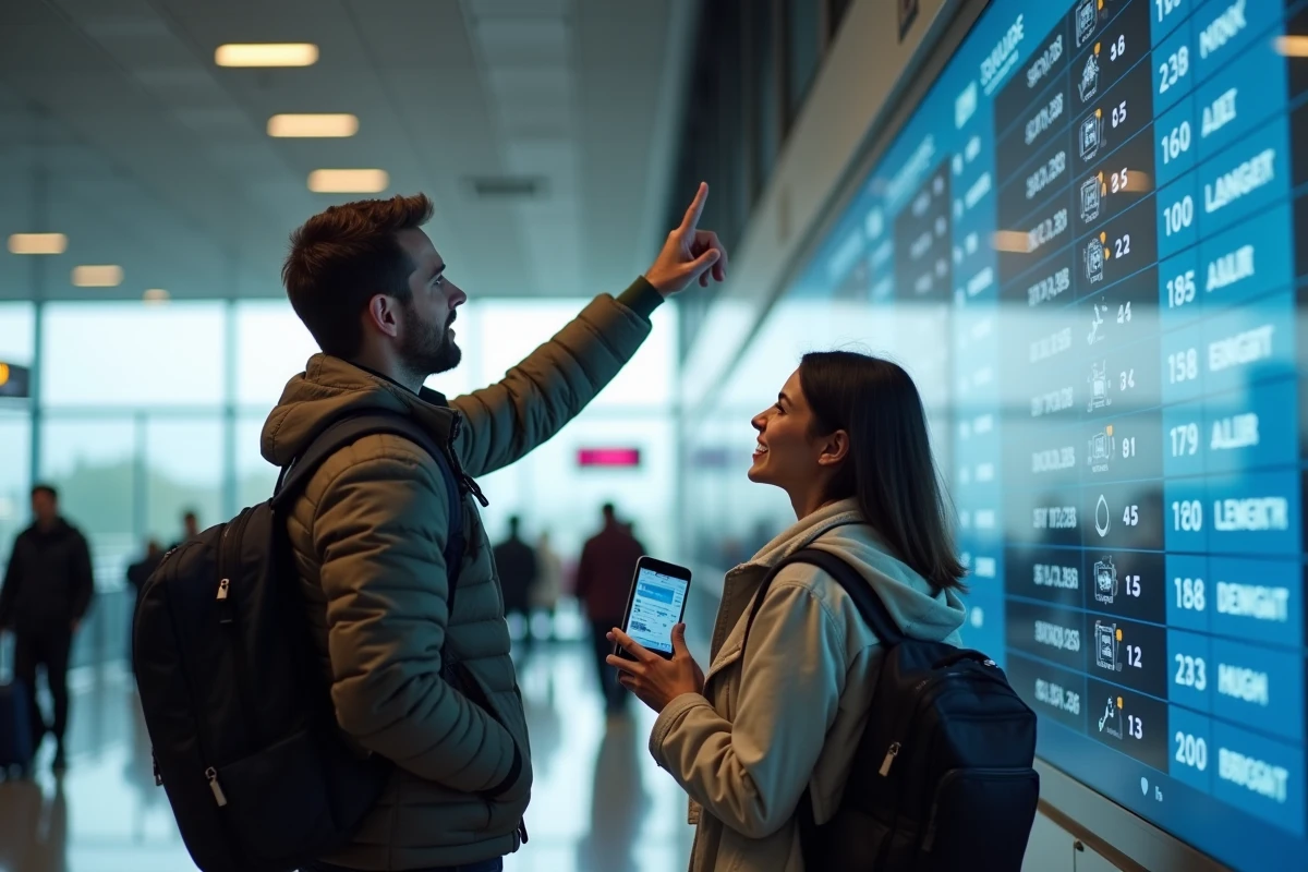 Couple consultant une application de voyage sur smartphone dans un terminal d'aéroport moderne
