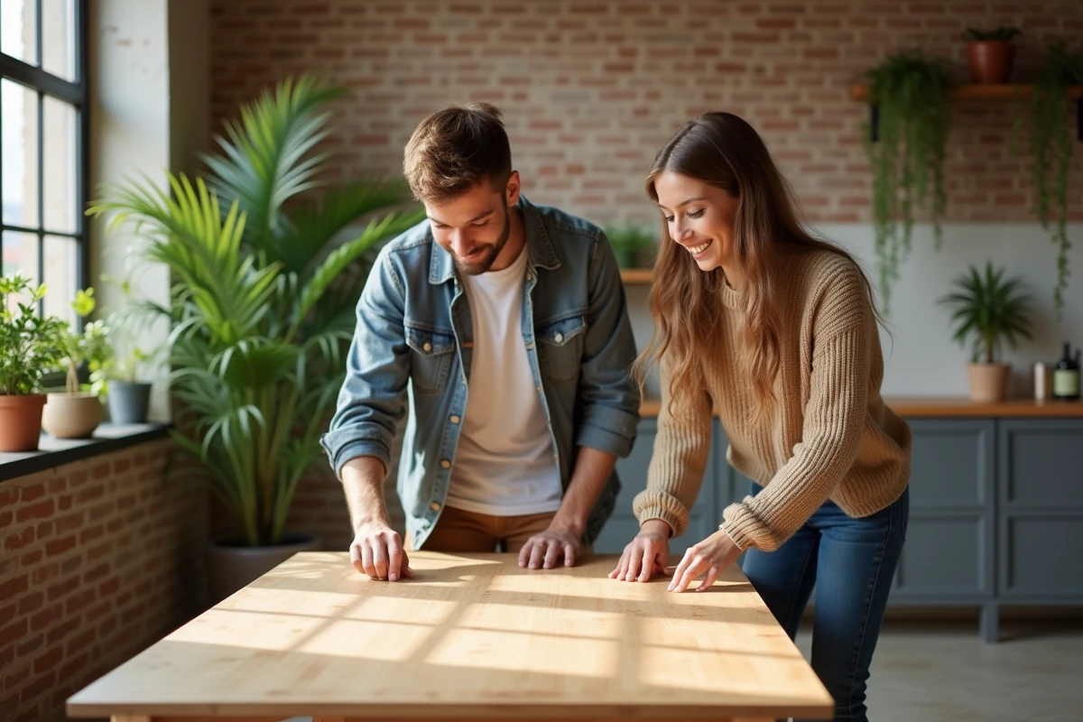 Jeune couple assemble une table en bois dans un appartement
