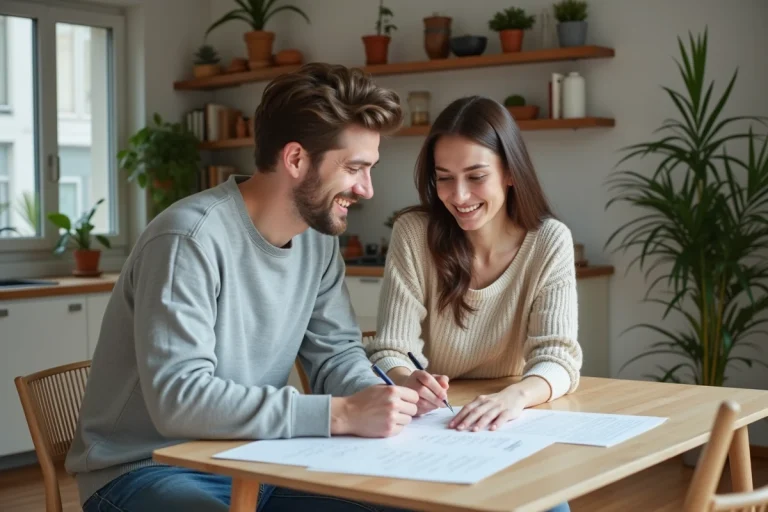 Jeune couple souriant avec contrat de location dans une cuisine lumineuse