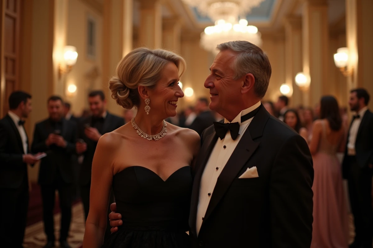 Couple élégant lors d'une soirée de gala officielle dans un grand salon parisien