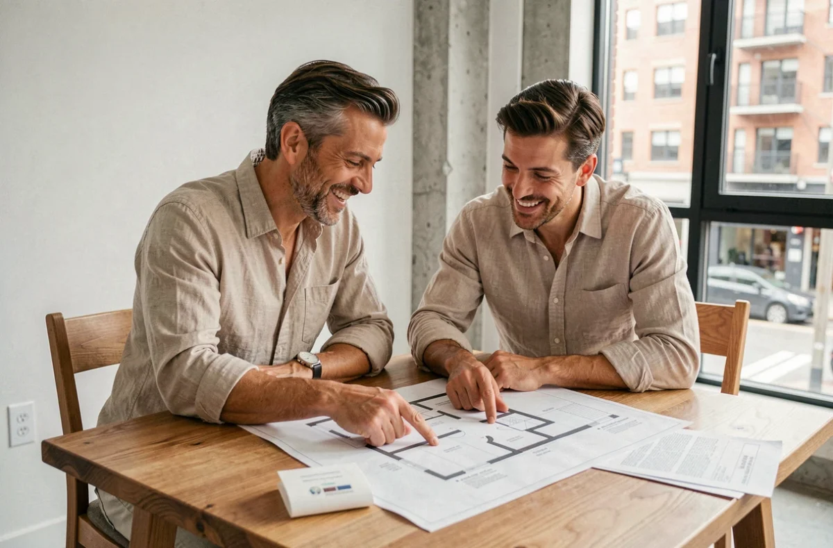 Couple étudiant des plans immobiliers et des documents de projet à une table en bois dans un appartement moderne