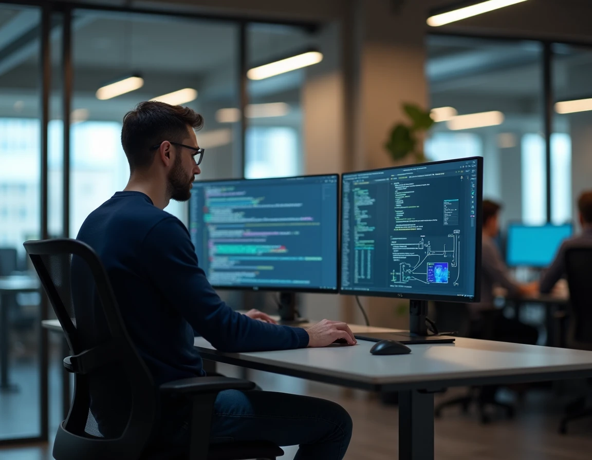 Développeur logiciel analysant une documentation d'intégration API sur deux écrans dans un bureau tech moderne