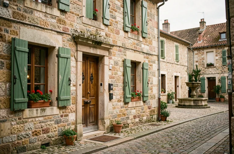 Façade en pierre d'une maison de bourg française avec volets verts et rue pavée