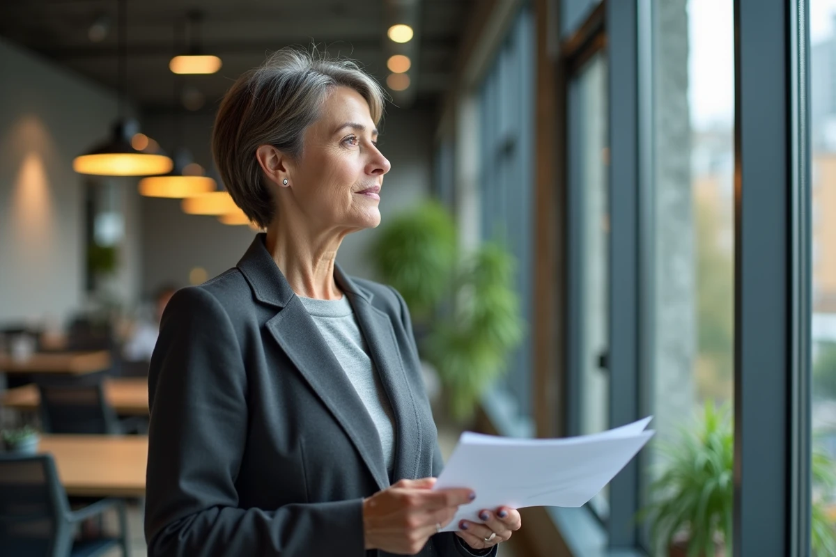 Femme de 55 ans tenant un document CPF dans un espace de coworking moderne