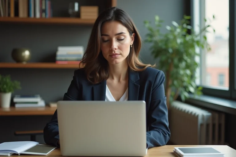 Femme en bureau à domicile travaillant sur son ordinateur