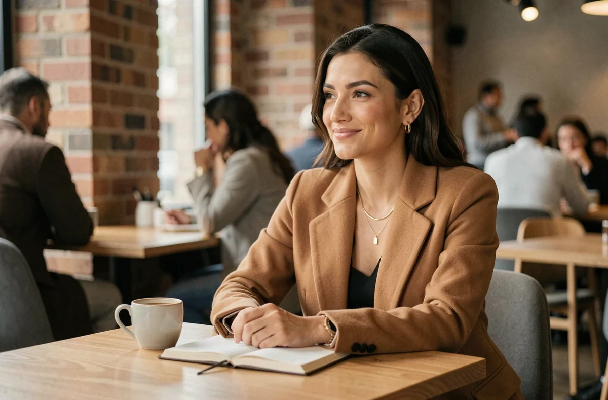 Femme élégante et épanouie assise dans un café moderne, incarnant le charisme naturel et l'attractivité au féminin