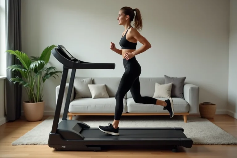 Femme sportive courant sur tapis dans un salon moderne