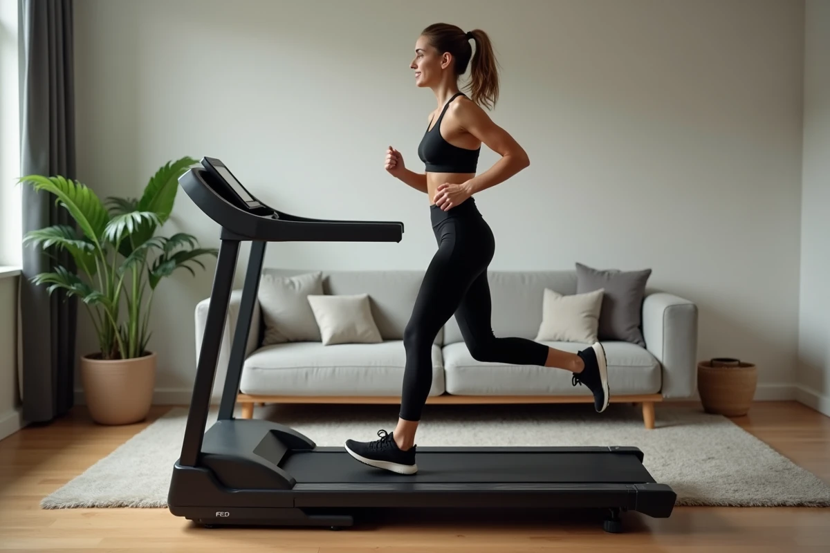 Femme sportive courant sur tapis dans un salon moderne