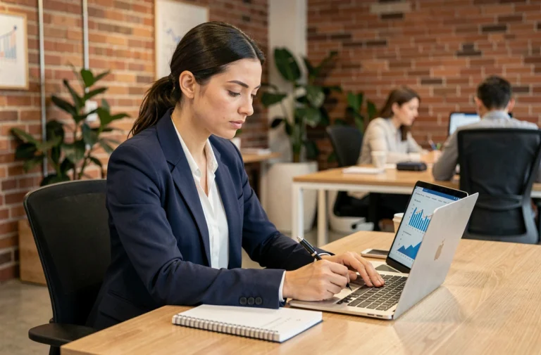 Femme entrepreneur suivant une formation business innovante dans un espace de co-working moderne