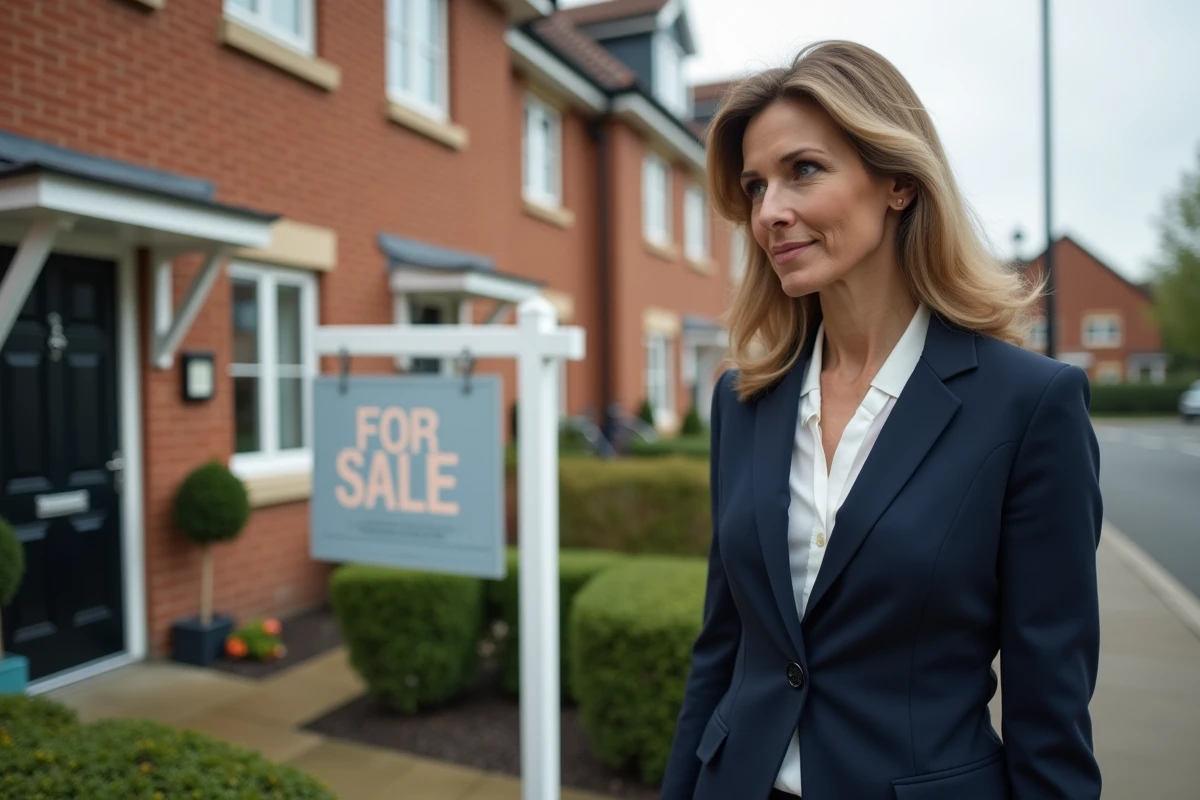 Femme professionnelle observant une maison en vente dans la rue