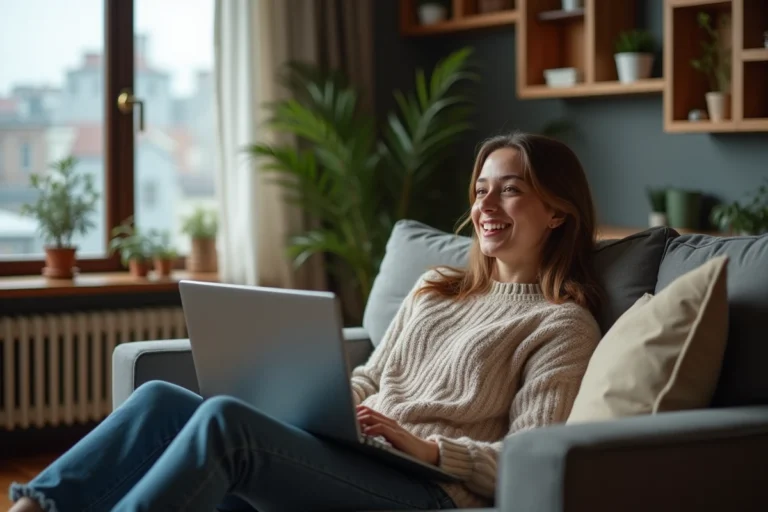 Jeune femme relaxee regardant un film dans son salon