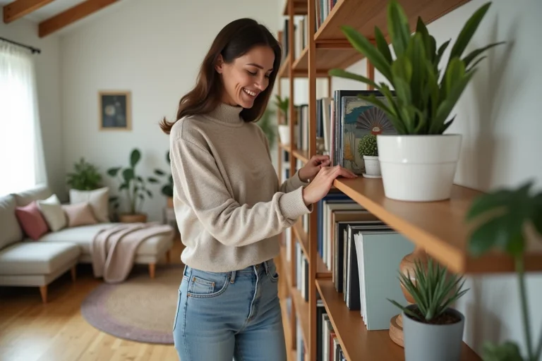 Femme arrangeant des livres dans un salon lumineux