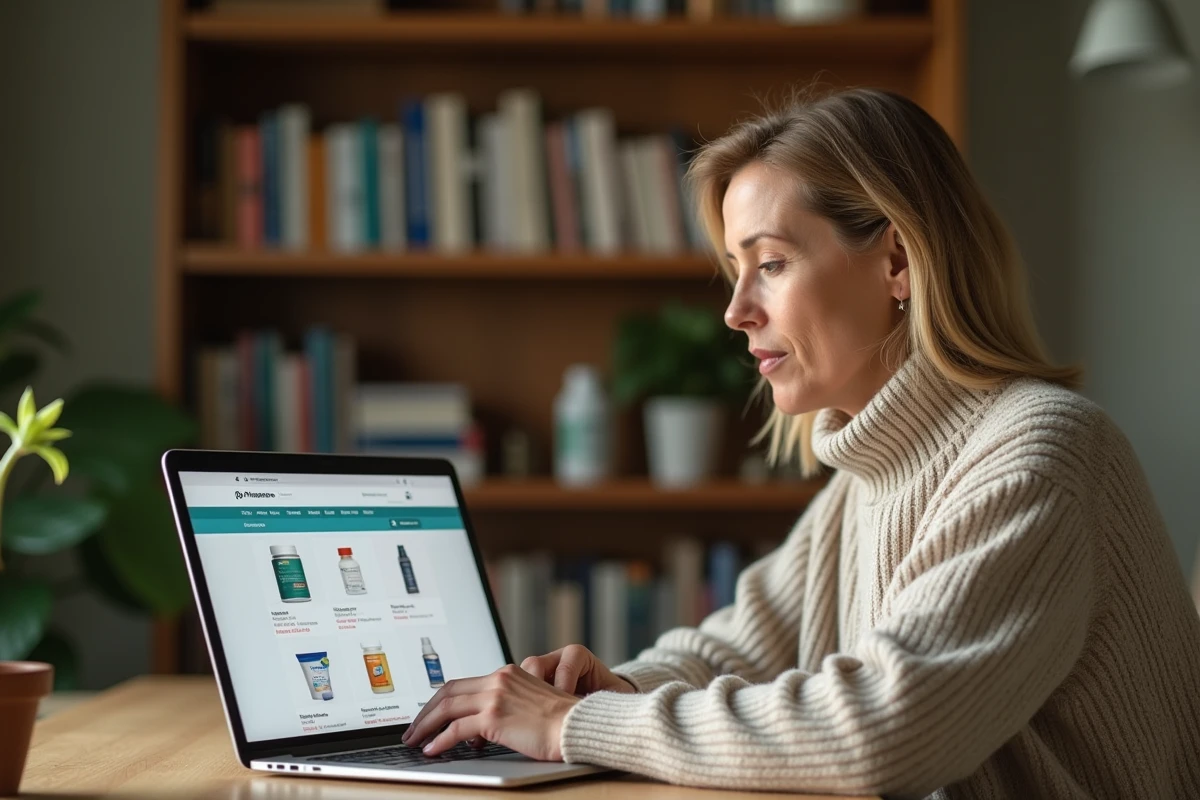 Femme consultant une pharmacie en ligne sur son ordinateur portable depuis son bureau à domicile