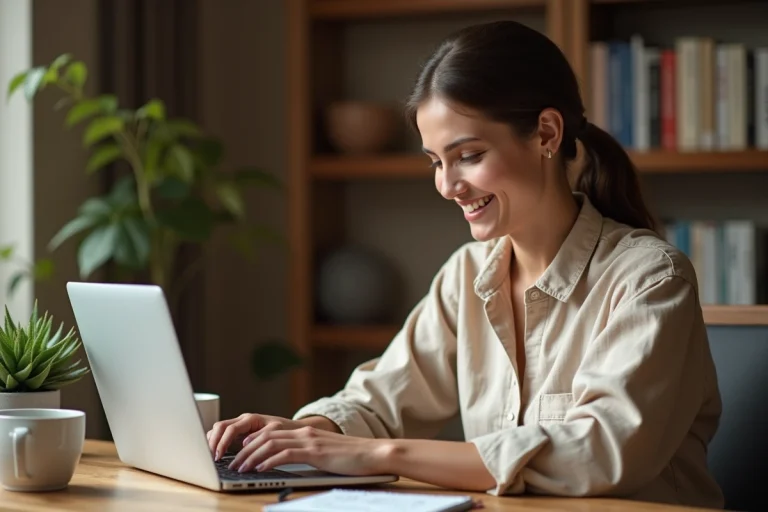 Femme utilisant une plateforme de réservation de voyage en ligne sur son ordinateur portable à son bureau à domicile