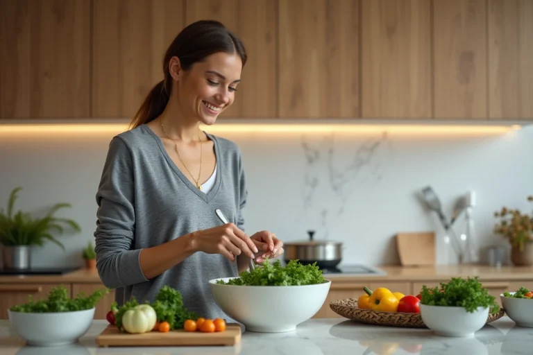 Jeune femme préparant une salade dans une cuisine moderne
