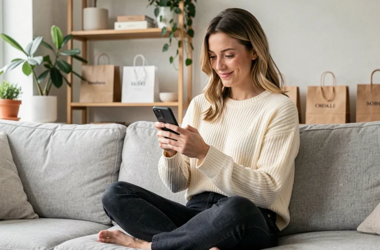 Femme parcourant des tendances mode sur son smartphone depuis son canapé pour un shopping en ligne malin cette saison
