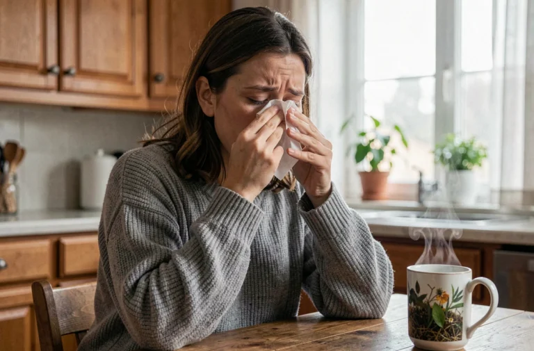 Femme fatiguée tenant un mouchoir et une tasse de tisane à la maison, symptômes de rhume ou de Covid