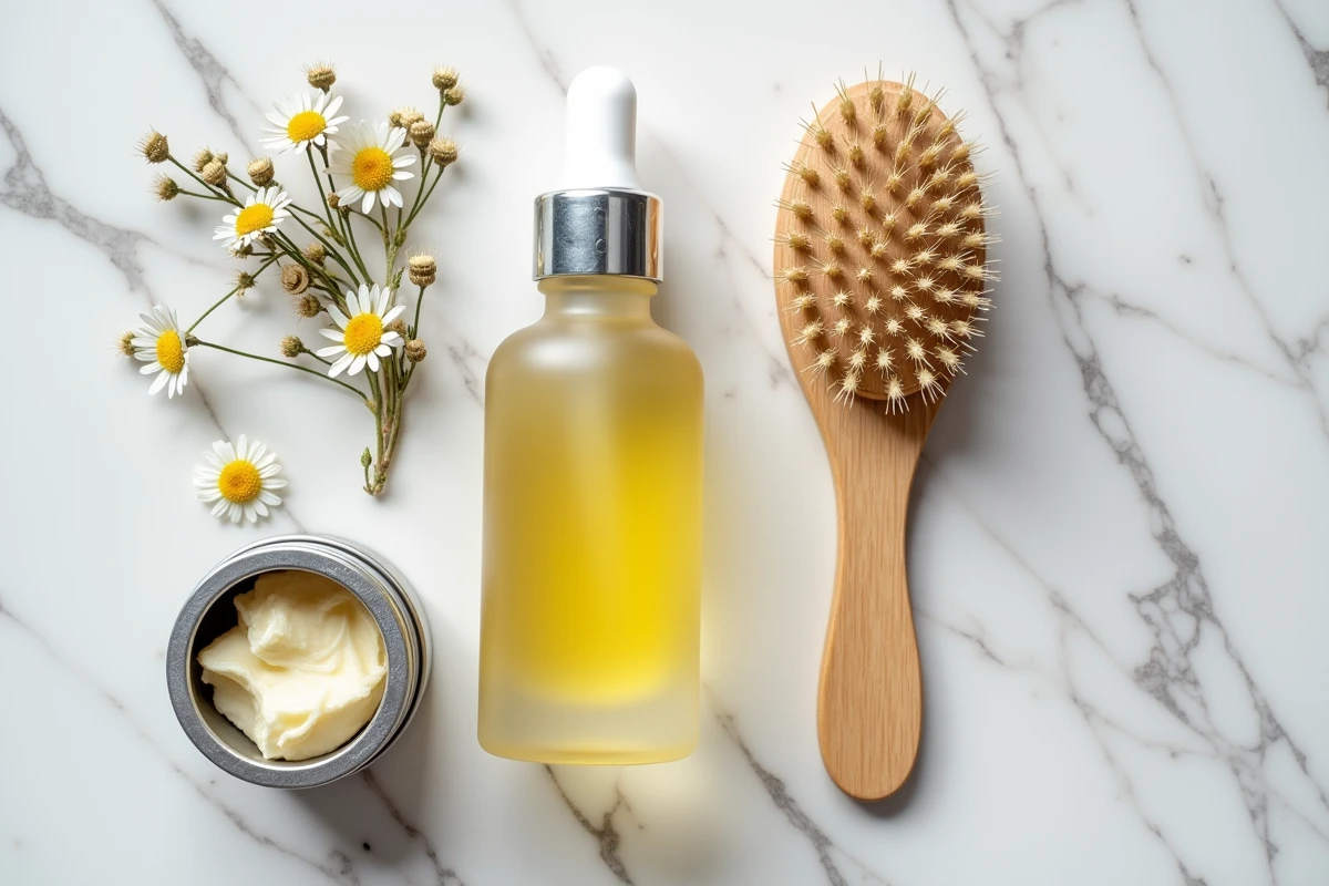 Flat lay de cosmétiques naturels et bio sur marbre blanc avec ingrédients botaniques