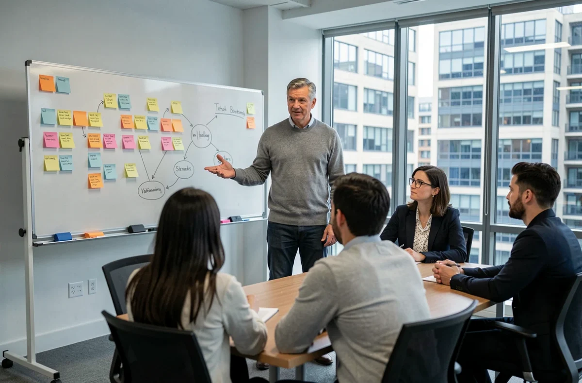 Formateur expert animant un atelier de développement business pour entrepreneurs dans une salle de formation moderne