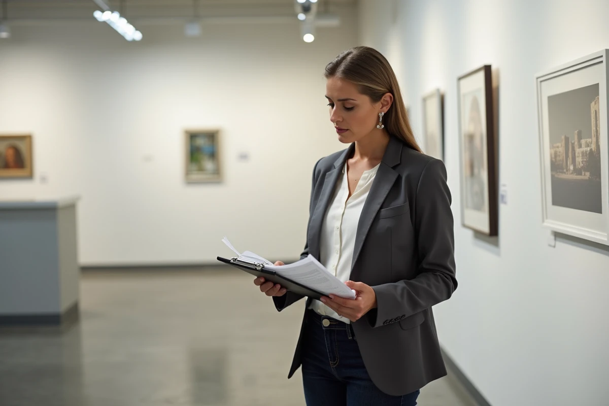 Galeriste examinant un contrat d'exposition dans une galerie d'art contemporaine aux murs blancs