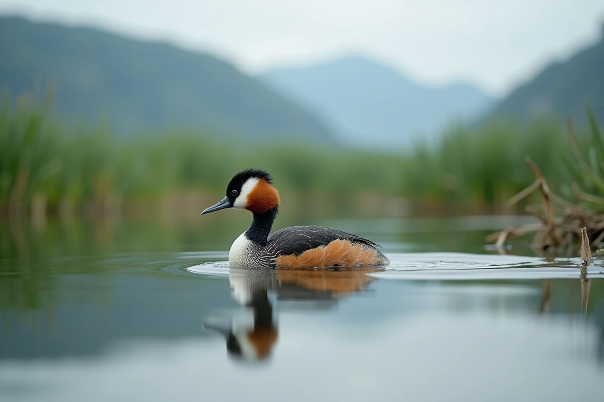 Grèbe huppé nageant près des roseaux sur le lac d'Aiguebelette lors d'une sortie ornithologique