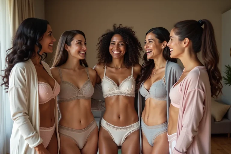 Groupe de femmes souriantes en lingerie confortable dans une chambre moderne