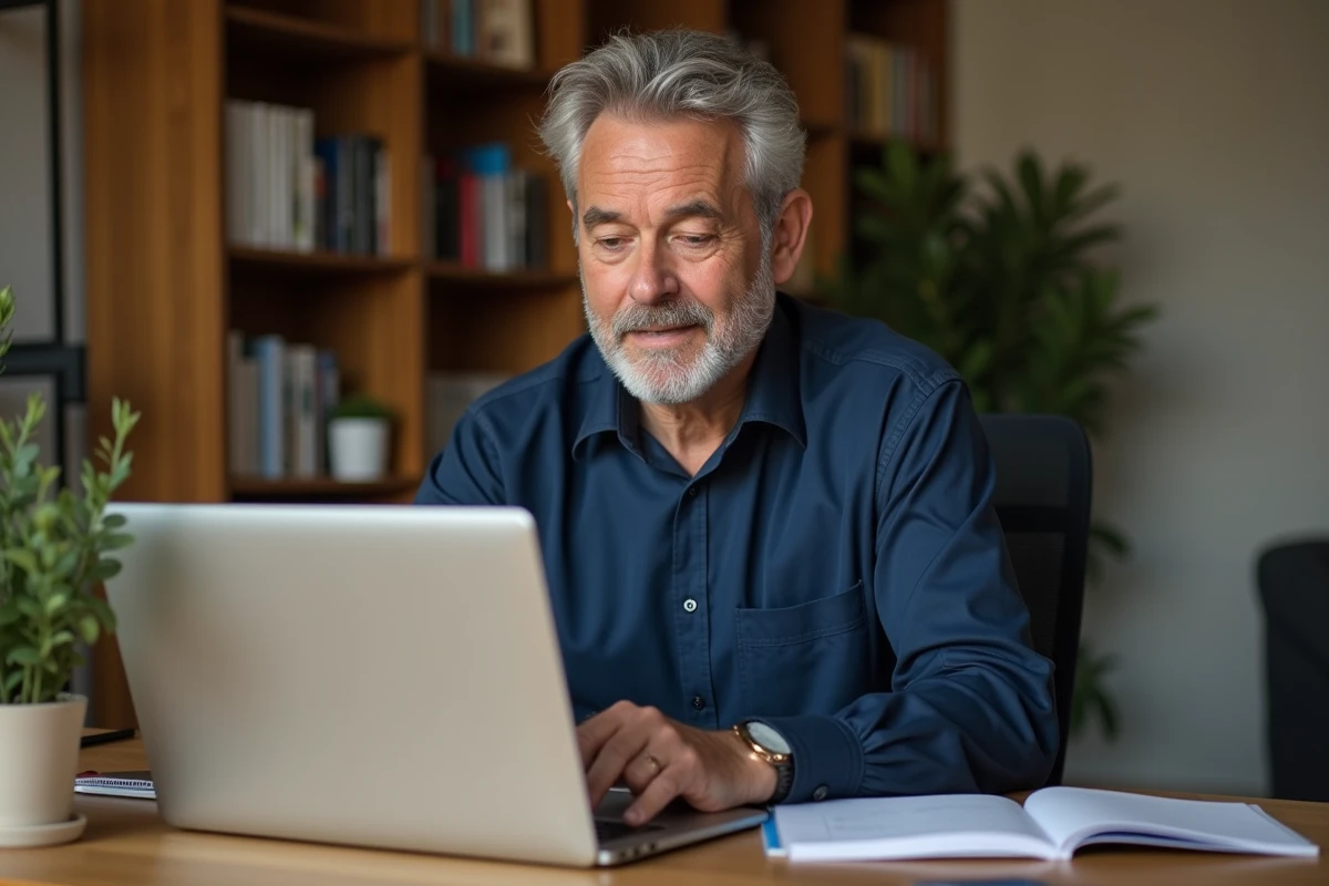 Homme de 55 ans consultant ses droits CPF sur un ordinateur portable dans un bureau à domicile