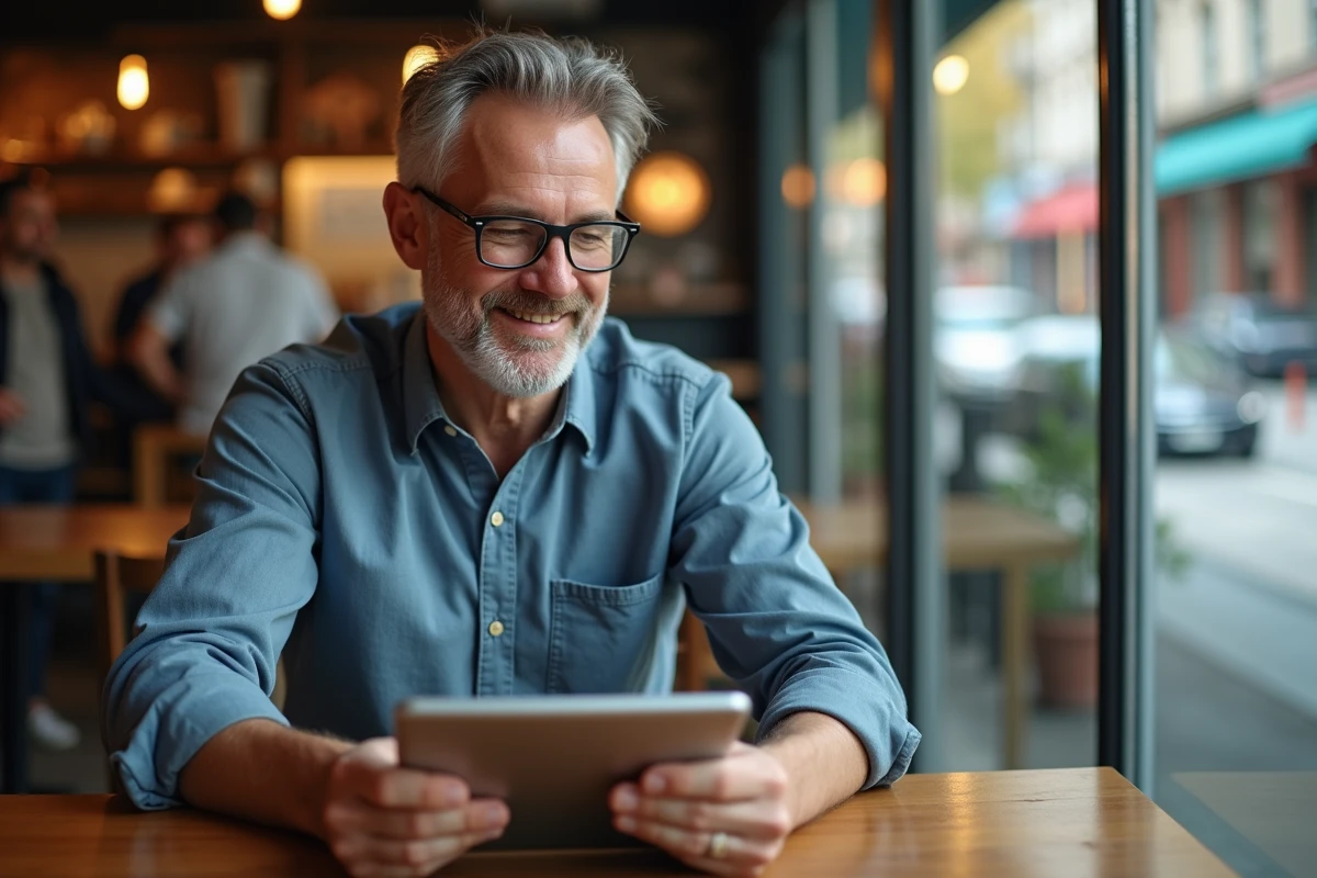 Homme au café recherchant un emploi sur sa tablette