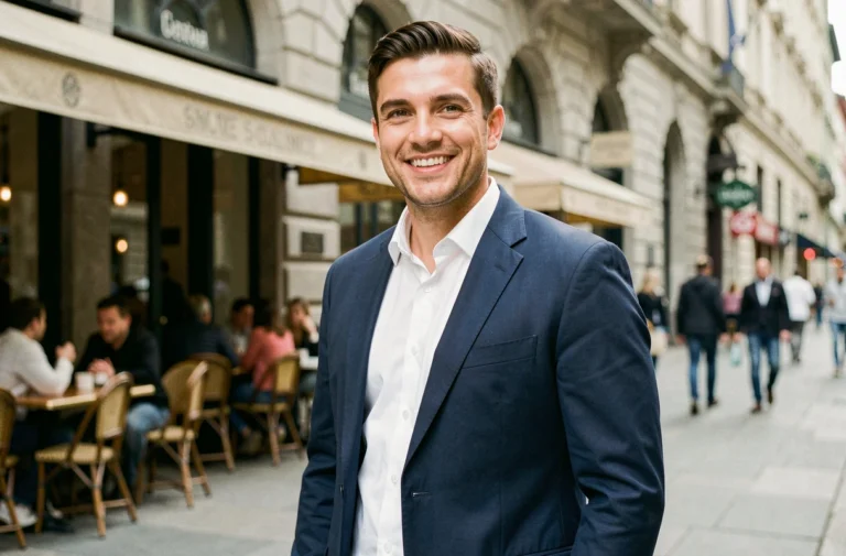 Homme charismatique et souriant en blazer marine dans une rue urbaine, illustrant confiance en soi et attractivité au quotidien