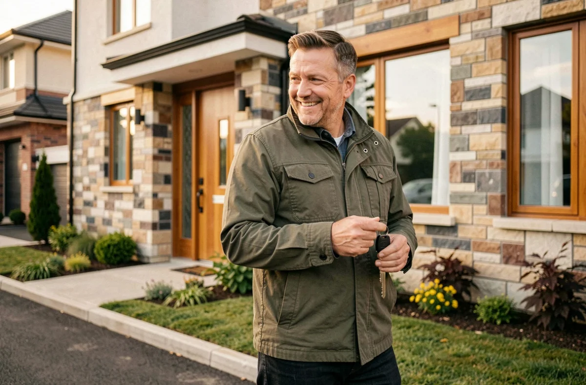 Homme tenant les clés devant sa nouvelle maison résidentielle contemporaine après l'achat immobilier