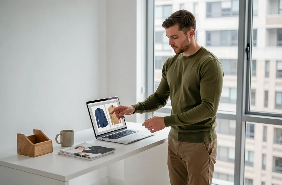 Homme comparant des vêtements tendance sur un ordinateur portable pour optimiser ses achats en ligne cette saison