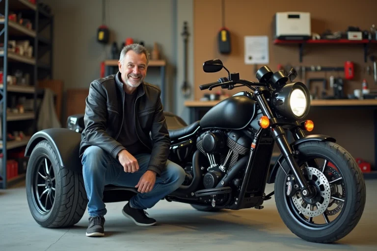 Homme souriant travaillant sur son trike dans un garage organisé
